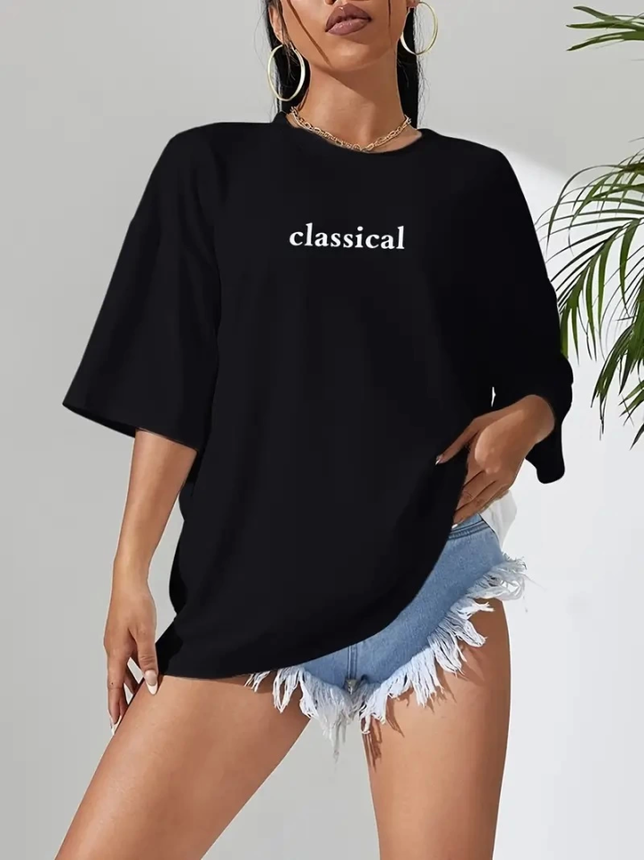 Baskılı Oversize Bisiklet Yaka T-shirt - Siyah