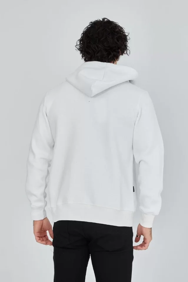 Unisex Tam Fermuarlı Kapşonlu SweatShirt - Beyaz