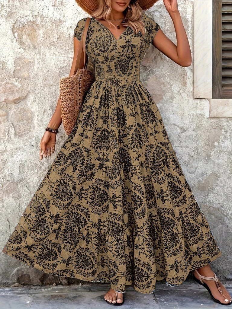 Kadın Kısa Kollu Kruvaze Yaka Beli Lastikli Süprem Maksi Boy Elbise