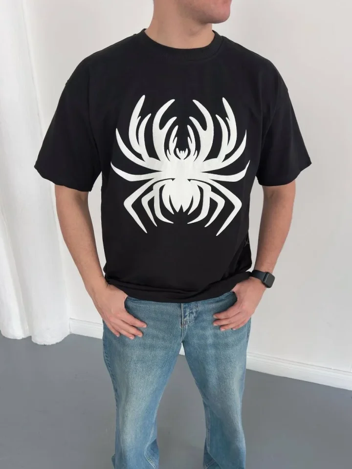 Erkek Örümcek Baskılı Tişört Kısa Kollu Bisiklet Yaka T-Shirt - Siyah