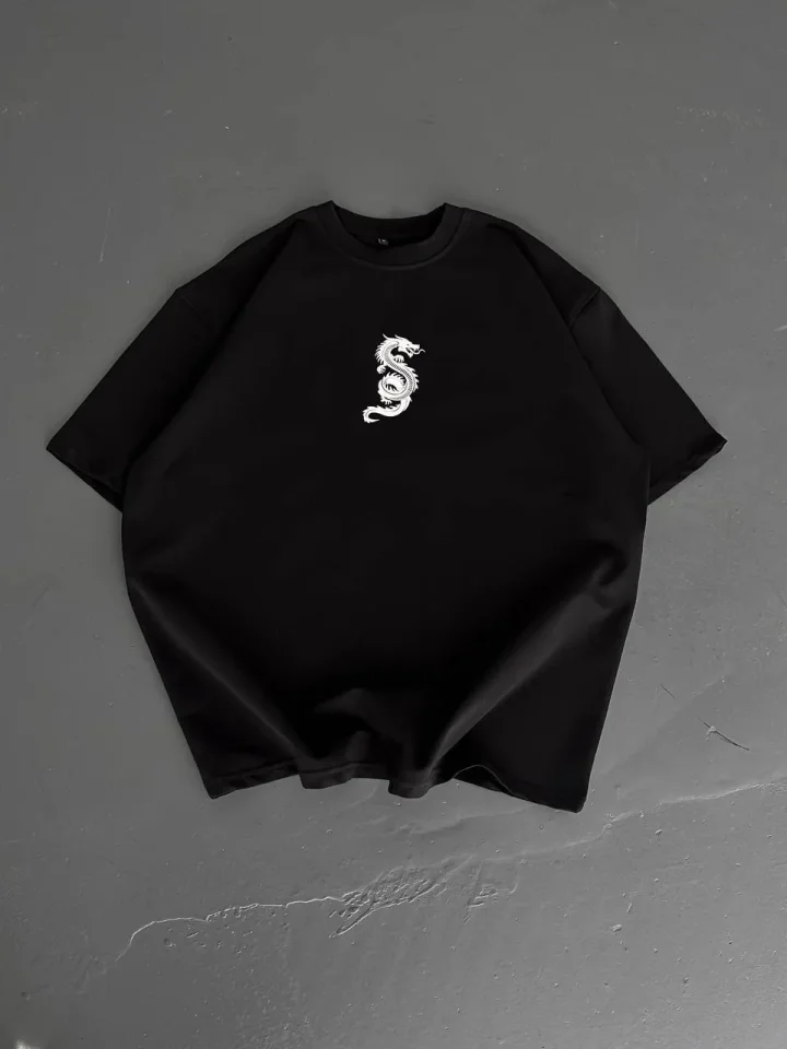 Baskılı Oversize Bisiklet Yaka T-shirt - Siyah