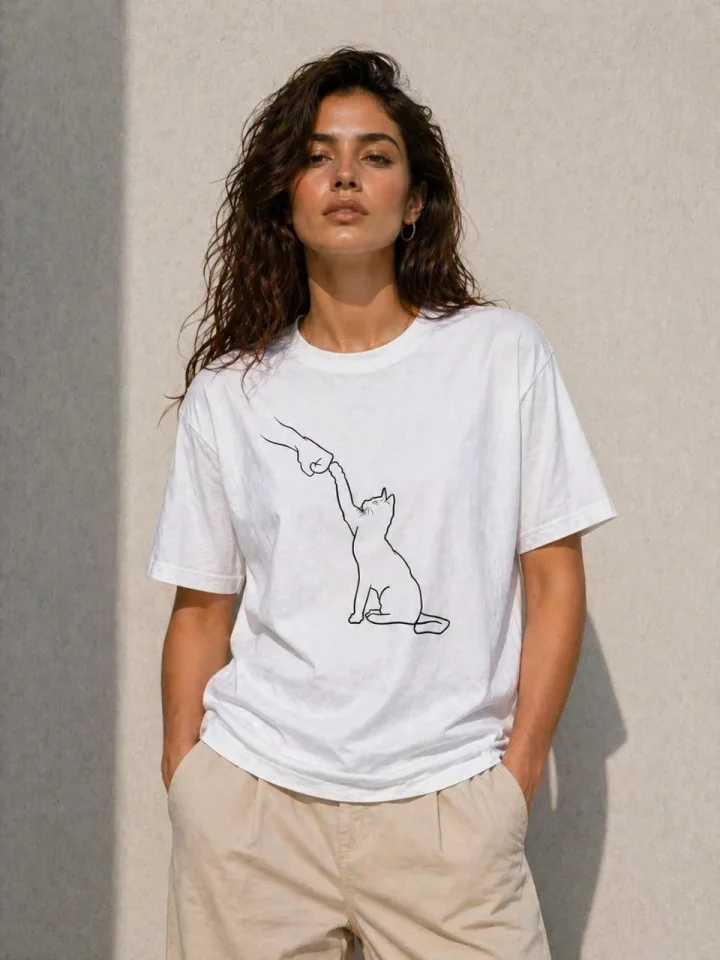 Minimal Kedi Çizim Baskılı Tişört Kısa Kol Yazlık T-Shirt - Beyaz