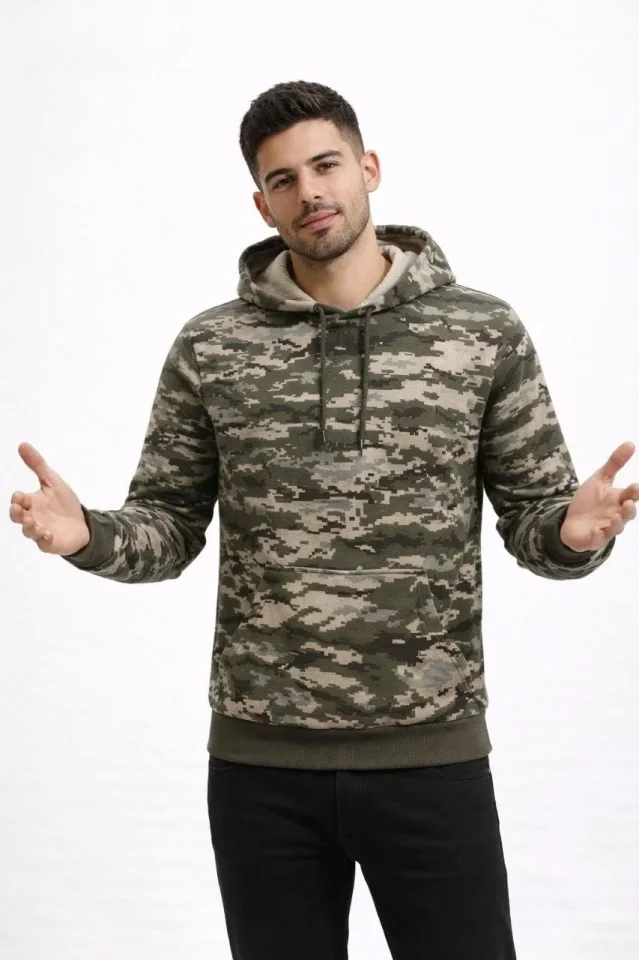 Erkek Kamuflaj Desenli 2 İplik 4 Mevsim Kapüşonlu Kanguru Cepli Hoodie Sweatshirt - Kamuflaj