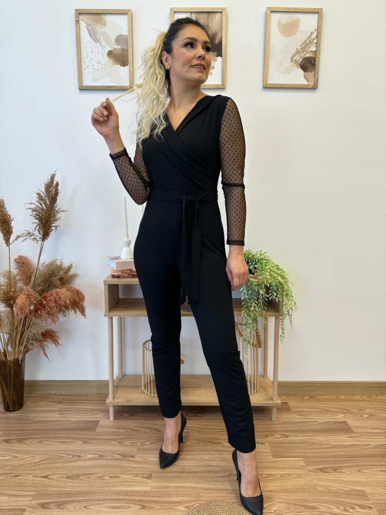 Kadın Uzun Kollu Kruvaze Yakalı Kolları Tül Detay Beli Kuşaklı Ithal Krep Tulum