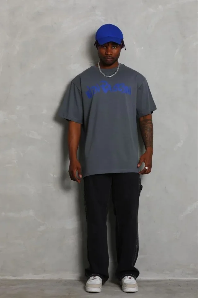 Erkek Baskılı T-Shirt Kısa Kol Bisiklet Yaka Regular Fit Rahat Kalıp Günlük Tişört - Füme