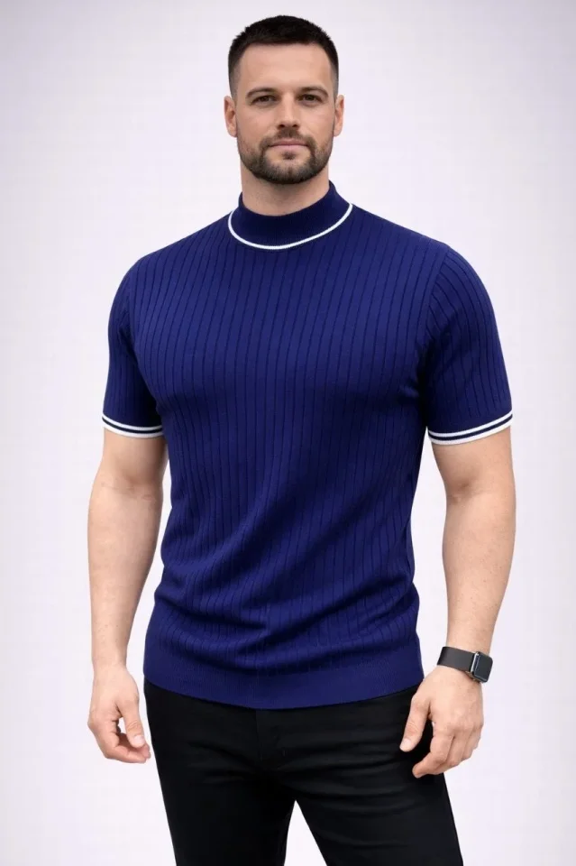 Erkek Fitilli Triko Dokuma Kısa Kol Tişört Yarım Boğaz Modern Yazlık T-Shirt - Lacivert