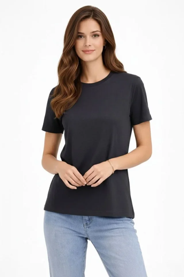 Bisiklet Yaka Tişört Regular Kalıp Basic Pamuklu Günlük Kullanım T-shirt - Füme