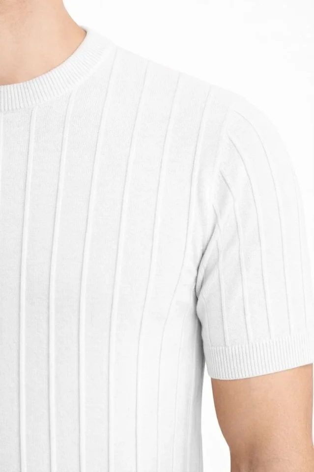 Erkek Yazlık Fitilli Triko Tişört Kısa Kol Bisiklet Yaka T-Shirt - Beyaz