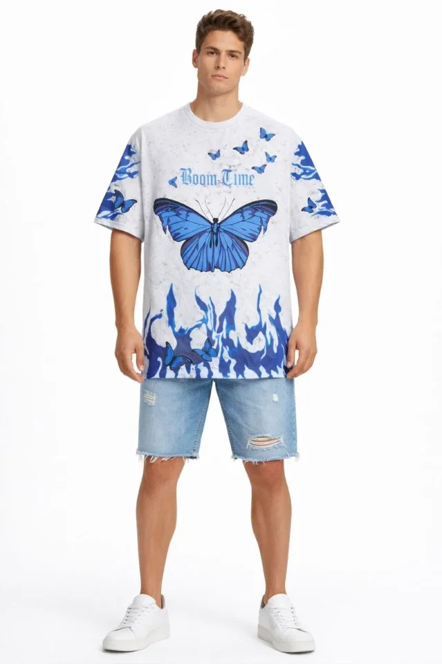 Erkek Asit Yıkamalı Oversize Tişört Mavi Kelebek Baskılı Dijital Print Bisiklet Yaka Streetwear T-Shirt - Beyaz