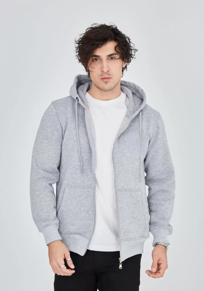 Unisex Tam Fermuarlı Kapşonlu SweatShirt - Gri