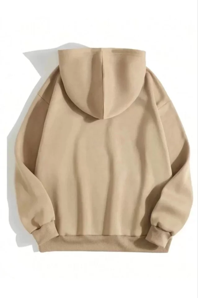 3 İplik Pamuklu Unisex Kapşonlu Sweetshirt - Bej