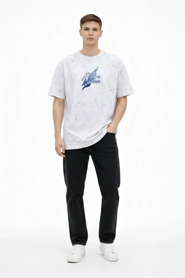 Erkek Asit Yıkamalı Oversize Tişört Future Worlds Baskılı Bisiklet Yaka Kısa Kollu Streetwear %100 Pamuk Street Style T-Shirt - Beyaz