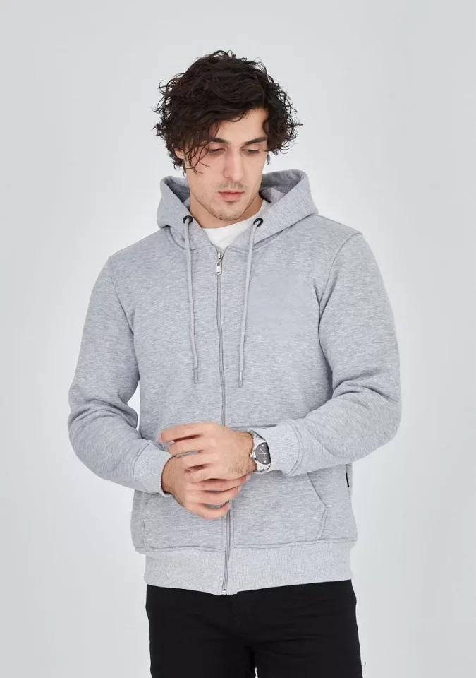 Unisex Tam Fermuarlı Kapşonlu SweatShirt - Gri