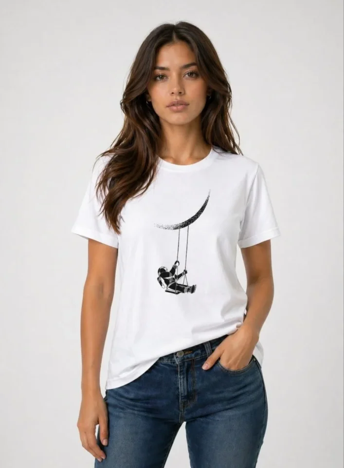 Astronot Ay Temalı Tişört Kısa Kol Yazlık Bisiklet Yaka T-Shirt - Beyaz