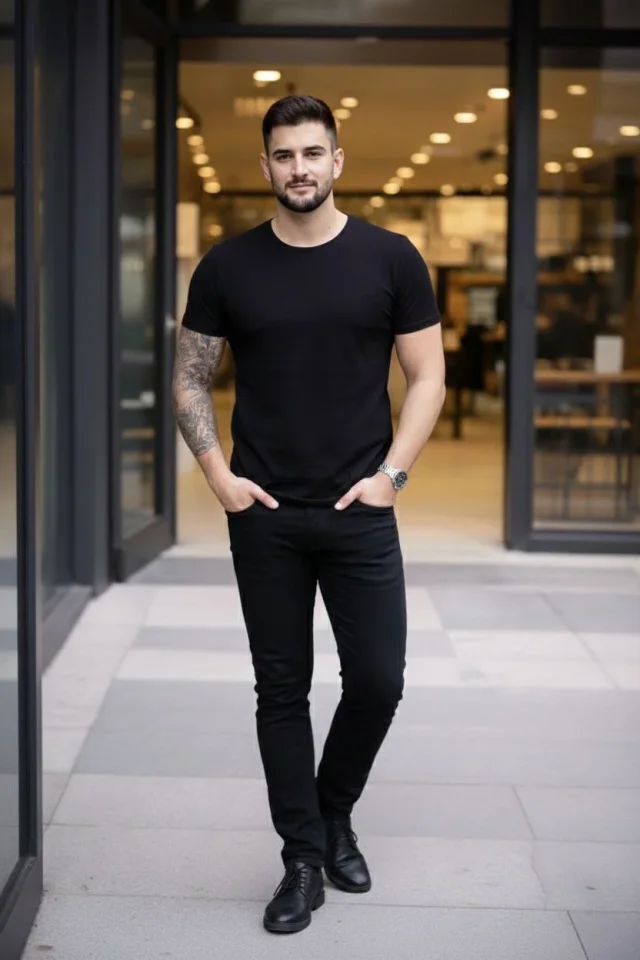 Erkek T-Shirt Bisiklet Yaka Slim Fit Dar Kesim Likralı Tişört Günlük Basic Body - Siyah