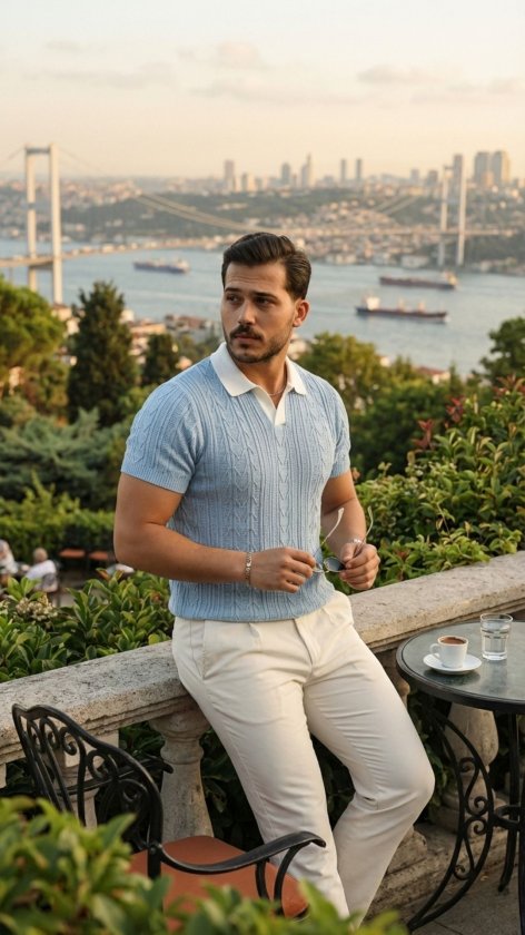 Erkek Desenli Kısa Kollu Triko Tişört - %100 Pamuk Akrilik