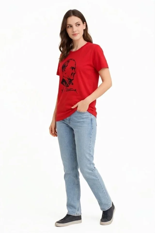 Atatürk Baskılı Tişört Kısa Kollu Bisiklet Yaka T-Shirt - Kırmızı