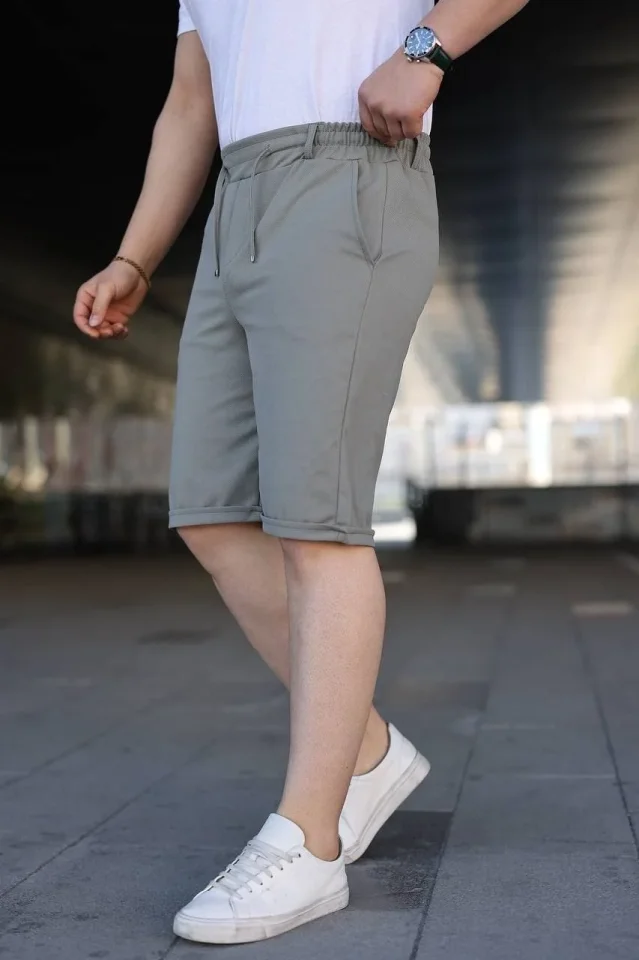 Erkek Diagonel Kumaş Duble Paça Cepli Bağcıklı Bel Lastikli ŞORT - Mint Yeşili