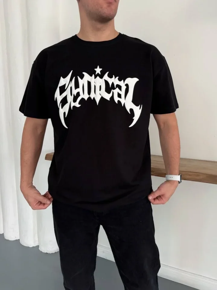 Erkek Bisiklet Yaka Ön Baskılı Kısa Kollu Tişört Streetwear Günlük Basic Pamuklu T-shirt - Siyah
