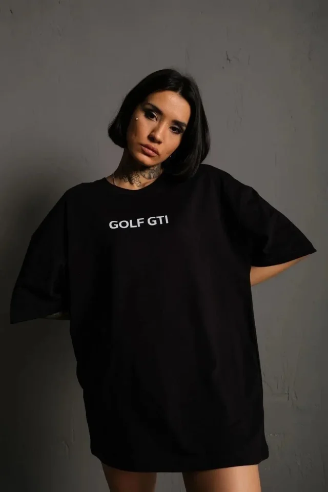 Oversize Baskılı Tişört – Golf GTI Retro Araba Desenli, Ön - Arka Dijital Baskı, Sokak Modası Stil - Siyah