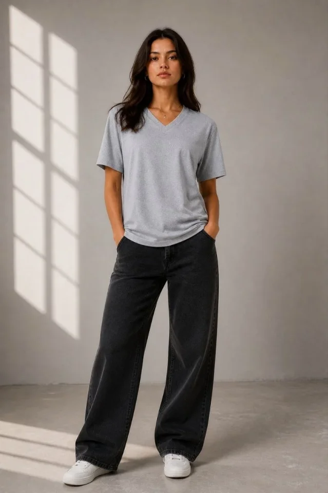 V Yaka Basic Tişört Kısa Kol Yazlık Regular Fit T-Shirt - Gri