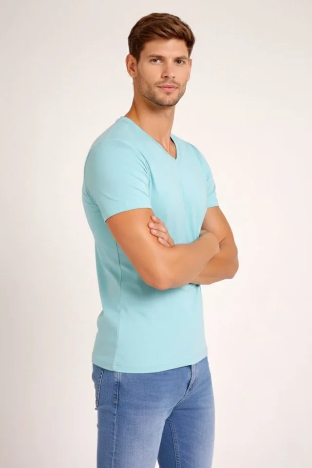 Erkek T-Shirt V Yaka Slim Fit Dar Kesim Likralı Tişört Günlük Basic Body - Turkuvaz