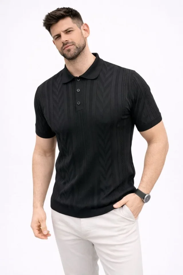 Erkek Yazlık Triko Tişört Kısa Kol Polo Yaka Düğmeli T-Shirt - Siyah