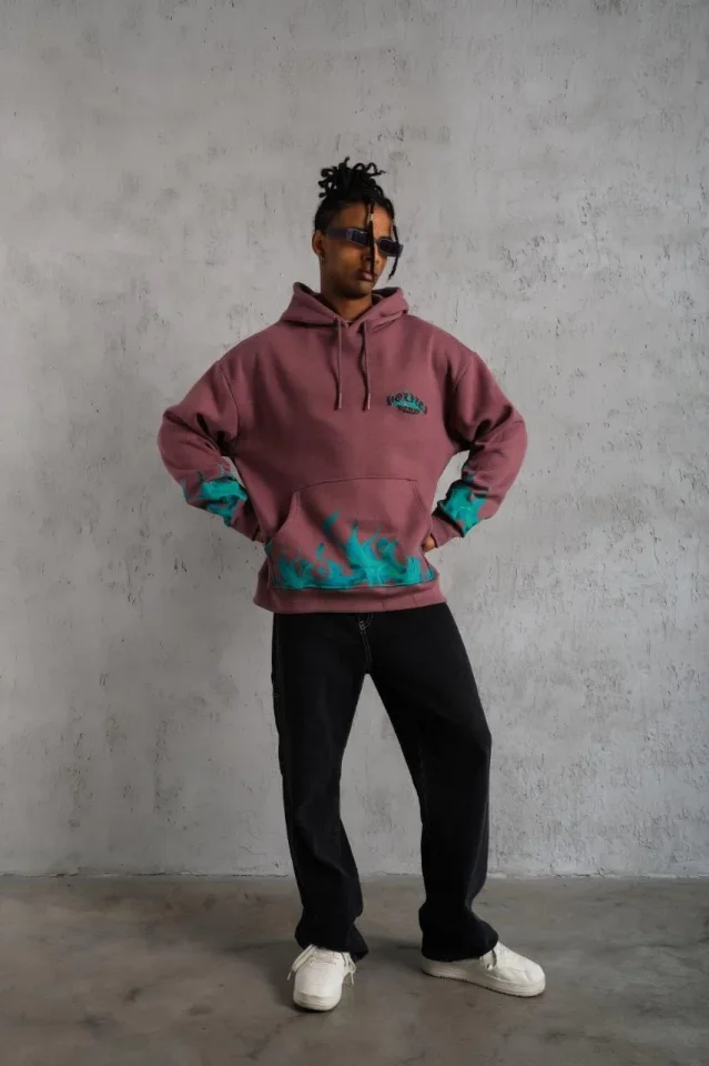 Erkek Üç İplik Içi Pamuklu Alev Baskılı Kapüşonlu Sweatshirt - Gül Kurusu