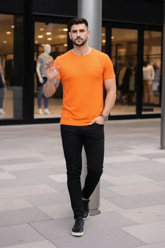 Erkek T-Shirt Bisiklet Yaka Slim Fit Dar Kesim Likralı Tişört Günlük Basic Body - Turuncu