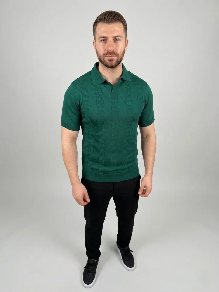 Erkek Yazlık Triko Dokuma Tişört Kısa Kol Polo Yaka T-Shirt - Koyu Yeşil