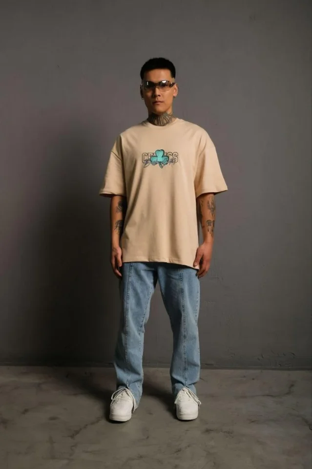 Erkek Sırt Baskılı T-shirt - Bej