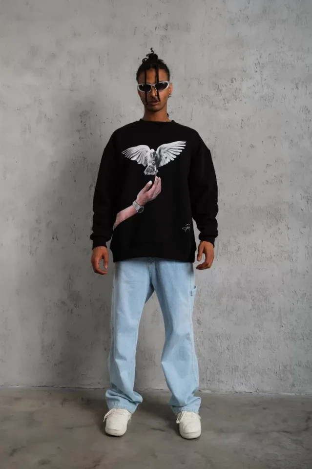 Erkek Güvercin Baskılı Sweatshirt - Siyah