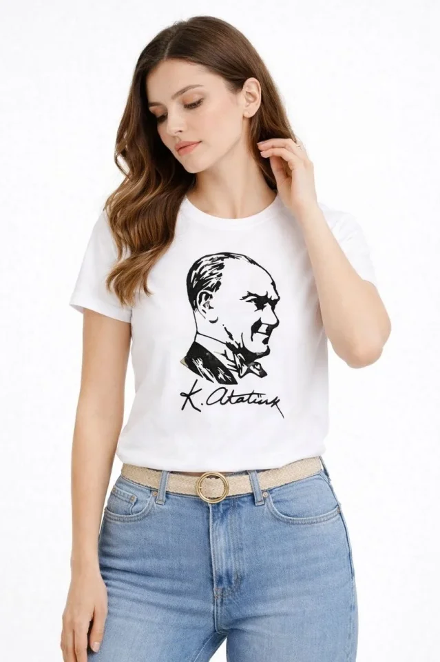 Atatürk Baskılı Tişört Kısa Kollu Bisiklet Yaka T-Shirt - Beyaz