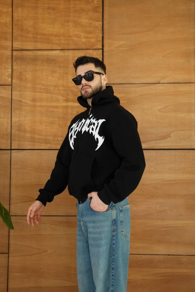 Erkek Kapüşonlu Sweatshirt Hoodie 3 İplik Şardonlu Pamuklu Kumaş, Önü Baskılı, Fermuarlı Rahat Kalıp, Kışlık Ve Sokak Stili Sweat - Siyah