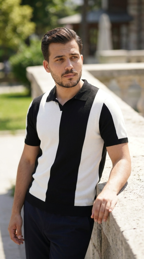 Erkek Kısa Kollu Polo Yakalı Blok Desenli Triko Bluz