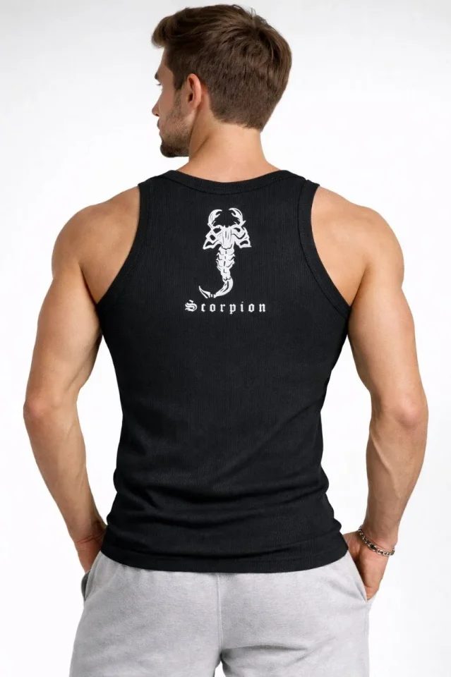Erkek Spor Fitilli Atlet 2li Set Siyah Ve Beyaz Slim Fit Kaşkorse Arka Baskılı Spor Atlet