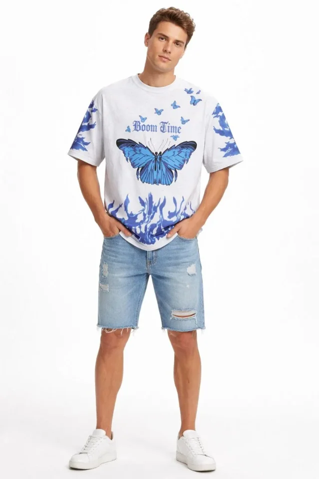 Erkek Asit Yıkamalı Oversize Tişört Mavi Kelebek Baskılı Dijital Print Bisiklet Yaka Streetwear T-Shirt - Beyaz