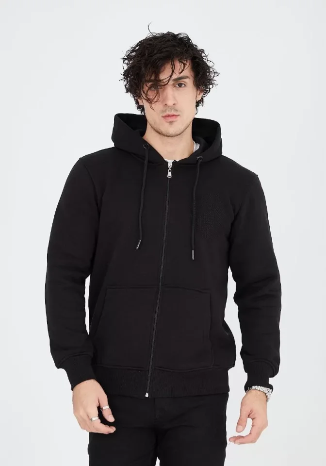 Unisex Tam Fermuarlı Kapşonlu SweatShirt - Siyah