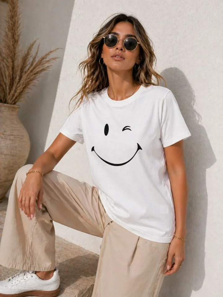 Minimal Gülümseyen Yüz Baskılı Tişört Kısa Kol Yazlık T-Shirt - Beyaz