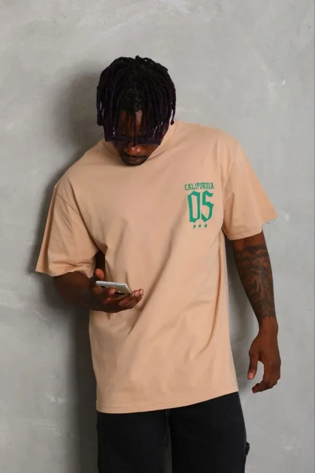 Erkek Baskılı T-Shirt Kısa Kol Bisiklet Yaka Regular Fit Rahat Kalıp Günlük Tişört - Bej