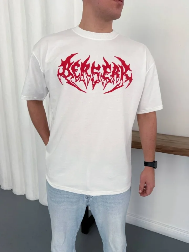 Erkek Baskılı T-Shirt Yazlık Kısa Kol Bisiklet Yaka Rahat Kalıp Tişört - Beyaz