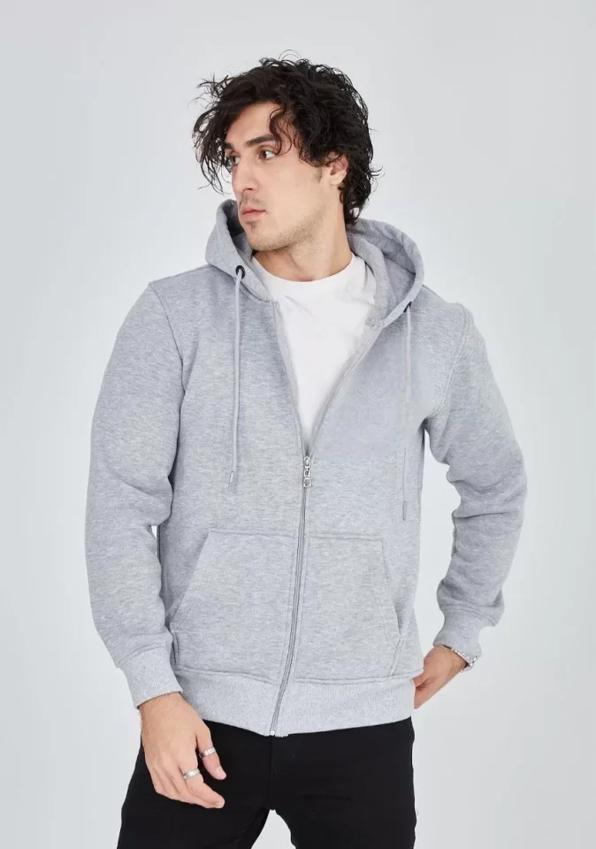 Unisex Tam Fermuarlı Kapşonlu SweatShirt - Gri