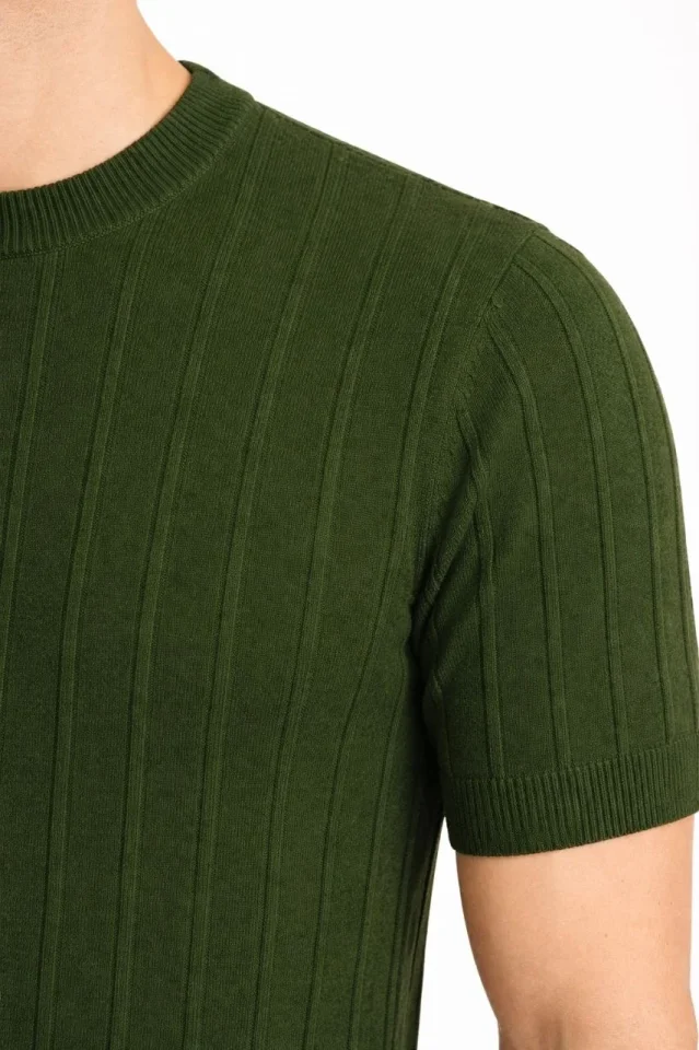 Erkek Yazlık Fitilli Triko Tişört Kısa Kol Bisiklet Yaka T-Shirt - Haki