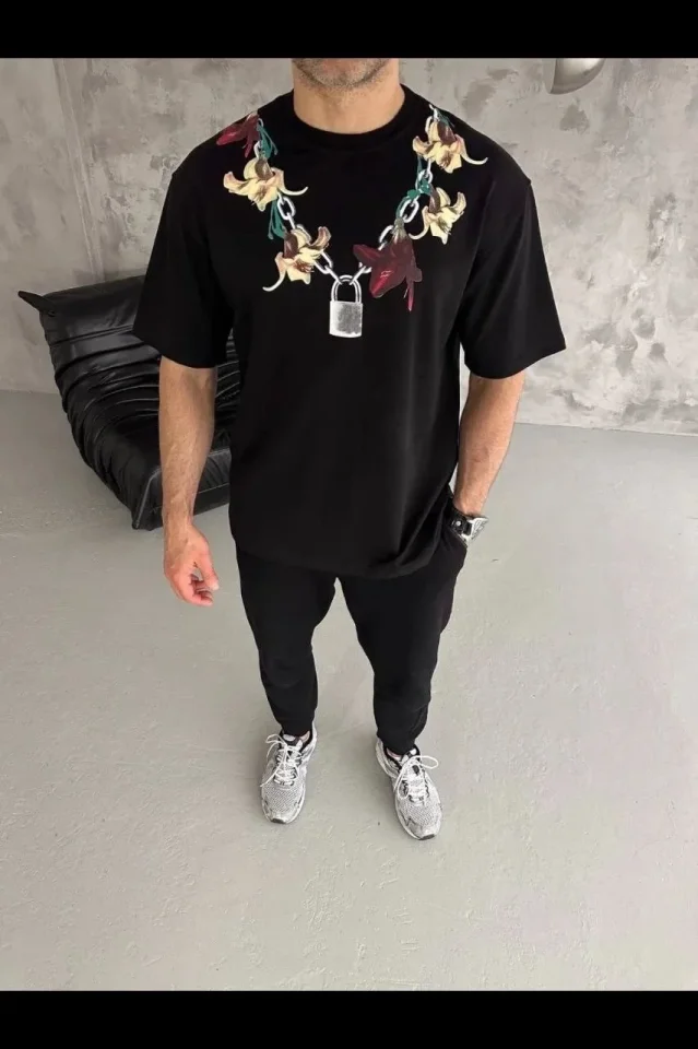 Erkek Baskılı T-Shirt Kısa Kol Bisiklet Yaka Regular Fit Rahat Kalıp Günlük Tişört - Siyah