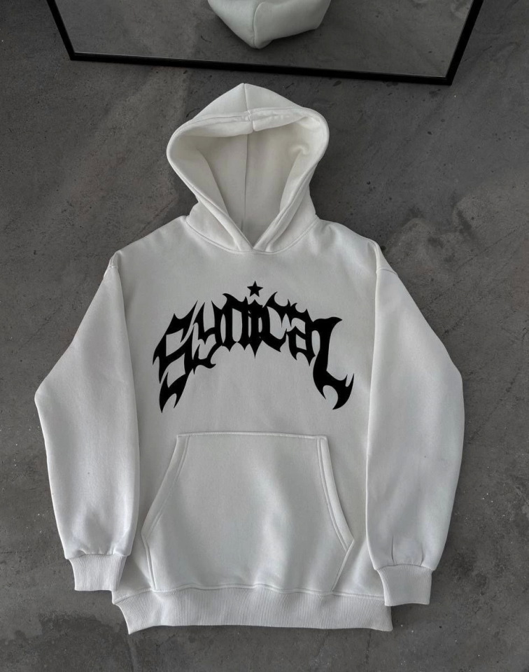 Üç İplik Kapşonlu Baskılı Oversize SweatShirt- Beyaz