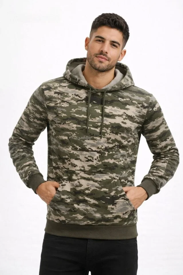 Erkek Kamuflaj Desenli 2 İplik 4 Mevsim Kapüşonlu Kanguru Cepli Hoodie Sweatshirt - Kamuflaj