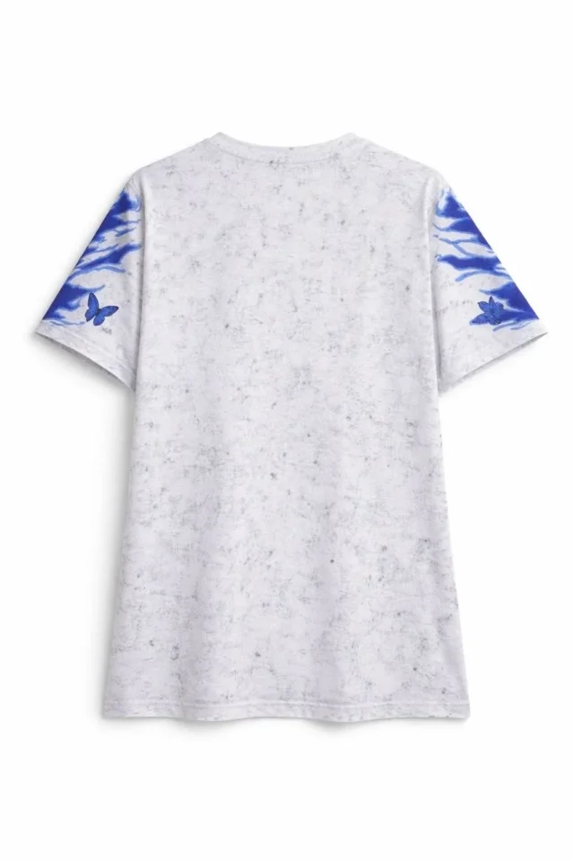 Asit Yıkamalı Oversize Tişört Mavi Kelebek Baskılı Dijital Print Bisiklet Yaka Streetwear T-Shirt - Beyaz