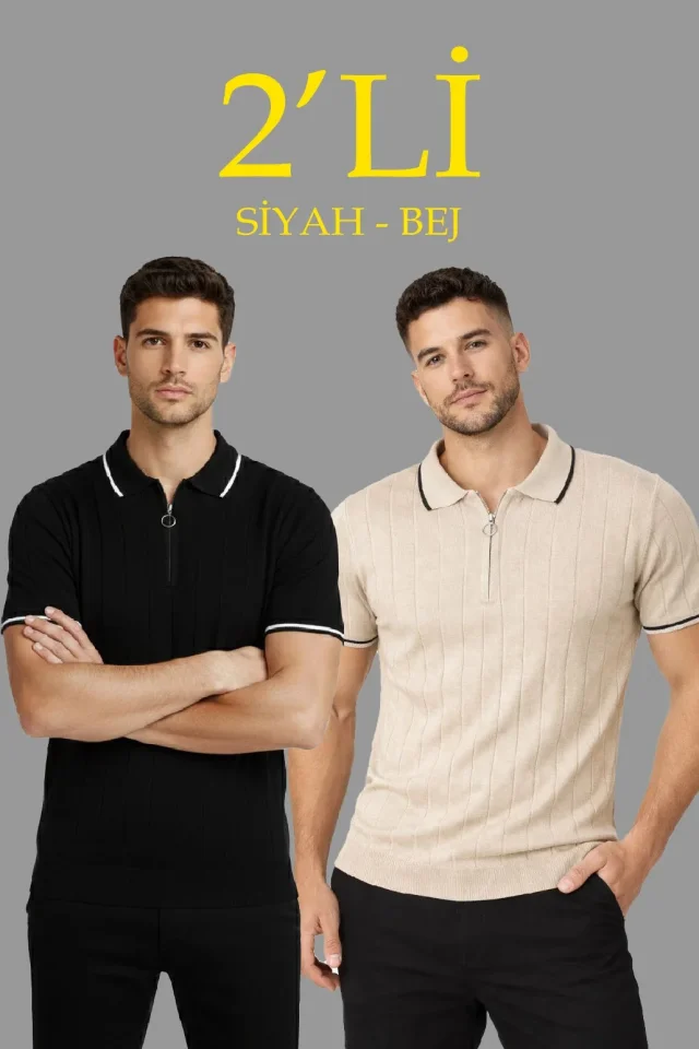 Erkek 2’li Paket Dokuma Triko Fermuarlı Yakalı Fitilli Kısa Kollu Regular Fit Tişört - Bej - Siyah