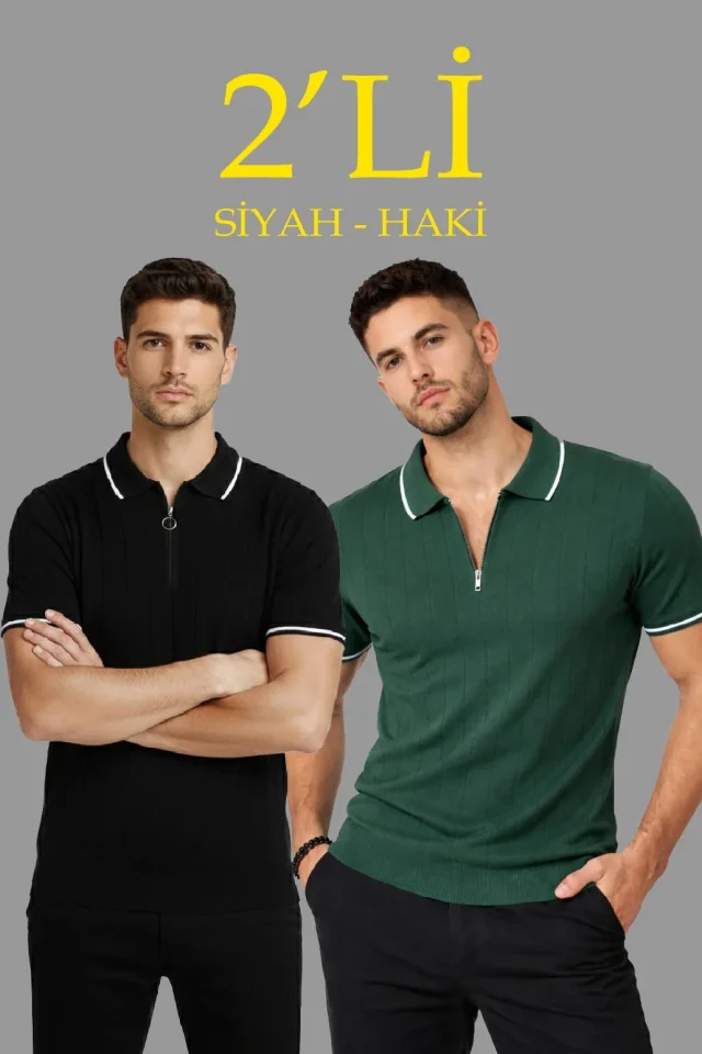 Erkek 2’li Paket Dokuma Triko Fermuarlı Yakalı Fitilli Kısa Kollu Regular Fit Tişört - Haki - Siyah