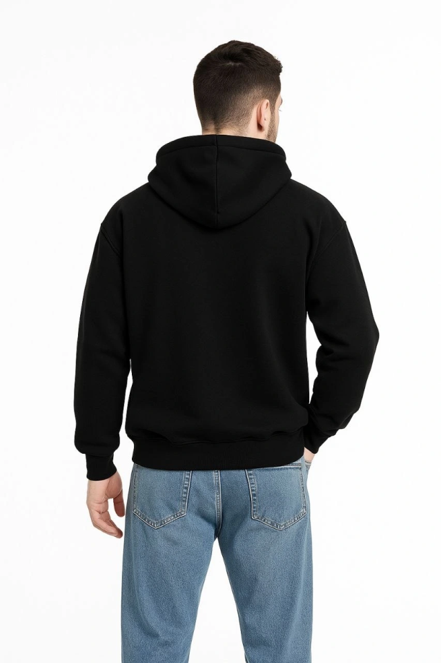 Erkek Kapüşonlu Sweatshirt Hoodie 3 İplik Şardonlu Pamuklu Kumaş, Önü Baskılı, Fermuarlı Rahat Kalıp, Kışlık Ve Sokak Stili Sweat - Siyah